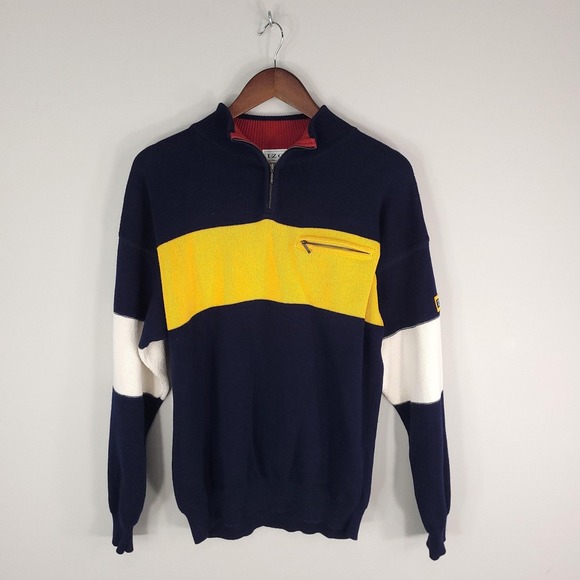 IZOD Sweater Mens Medium Navy Yellow White Quarter Zip Mock Neck Chest Pocket - Picture 1 of 11
